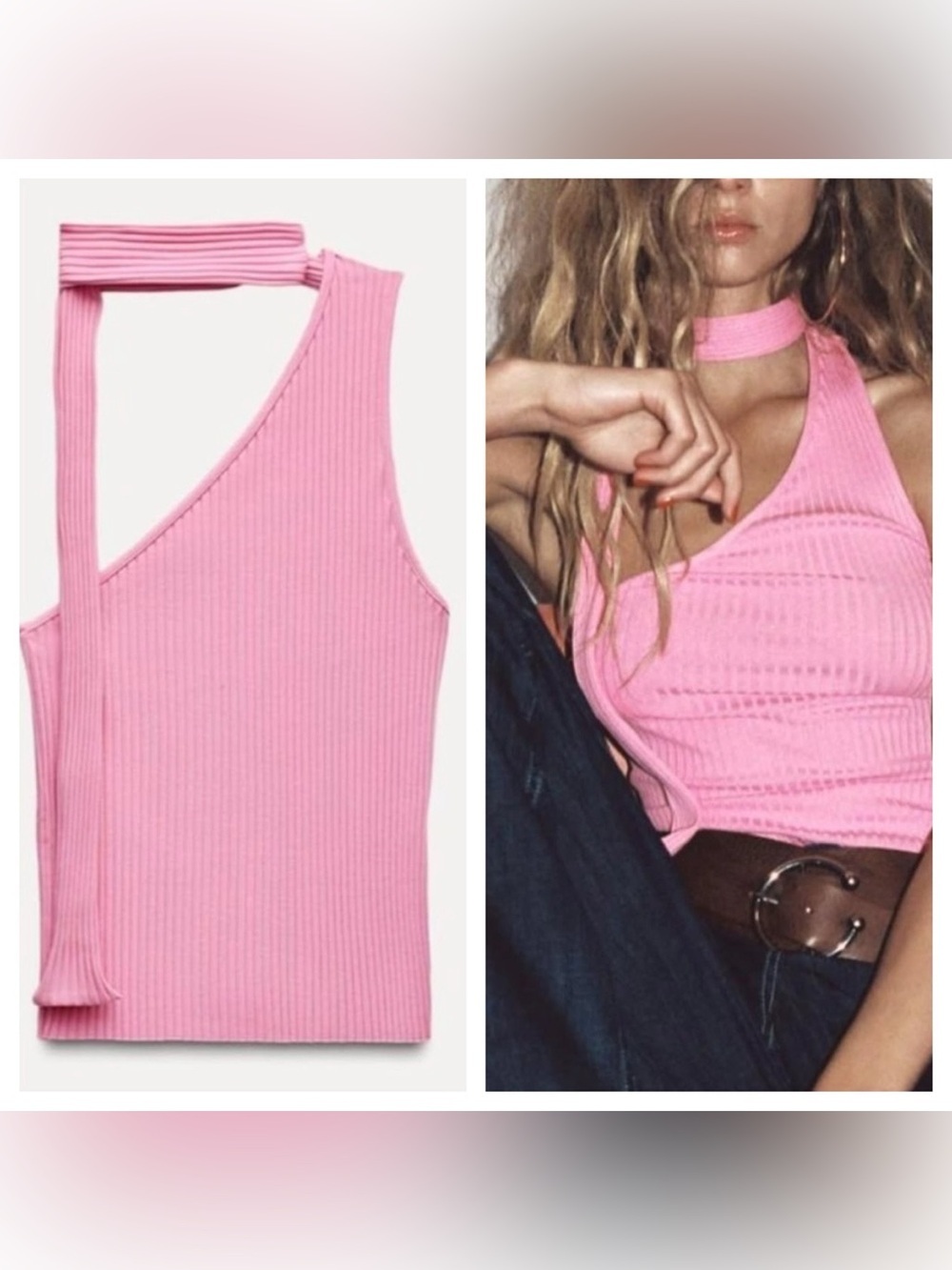 Zara Pink Ribbed One-Shoulder Halter Tank size S